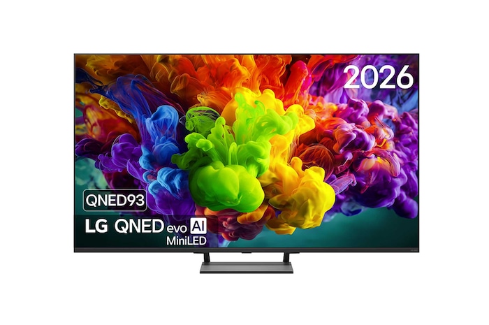 Het vooraanzicht van de LG QNED evo AI QNED90 Mini LED, uitgebracht in 2026, vult het scherm met levendige, vloeiende uitbarstingen van veelkleurige, verfachtige bewegingen, terwijl dichte wolken van kleur naadloos over het scherm versmelten.